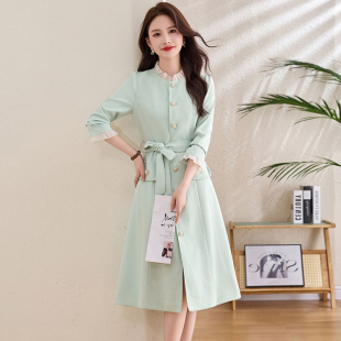 单排扣腰带修身 杭派木耳边圆领长袖 显瘦优雅气质 大码 连衣裙女秋季