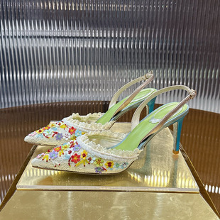 高级感彩色花朵蕾丝钉珠尖头高跟鞋仙女风细跟包头凉鞋绝美水晶鞋