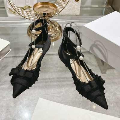 蝴蝶结流苏尖头高跟鞋珍珠绑带