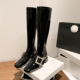 秋冬新款 高级感真皮水钻方扣皮带扣长筒靴高跟漆皮骑士靴黑色长靴