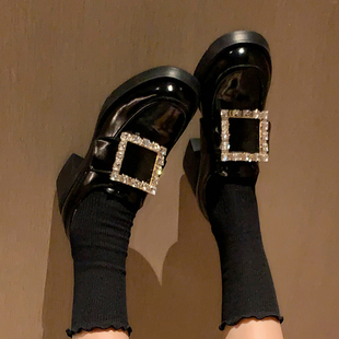 复古水钻方扣皮带扣乐福鞋25新款高跟厚底单鞋一脚蹬粗跟真皮女鞋