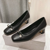 2025SS法式 高级感真皮女鞋 复古方头蝴蝶结高跟鞋 水钻珍珠粗跟单鞋