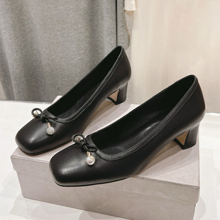 高级感真皮女鞋 水钻珍珠粗跟单鞋 复古方头蝴蝶结高跟鞋 2025SS法式