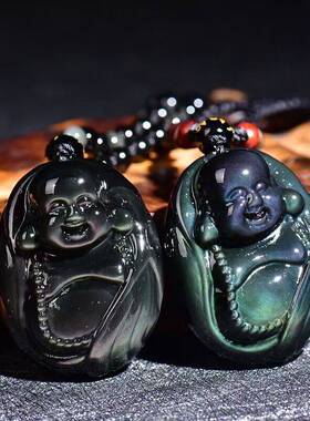 2024龙天然黑曜石弥勒佛头吊坠笑面佛布袋佛像挂坠情侣纳福礼物
