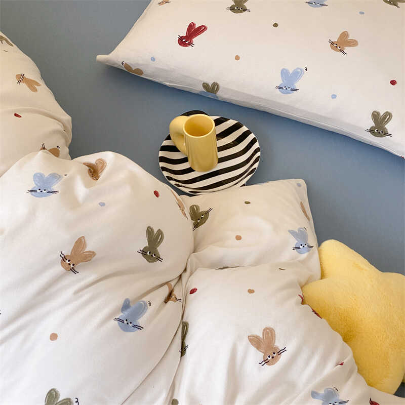 太太说| 日式卡通小兔子针织棉四件套纯棉柔软A类ins风儿童三件套