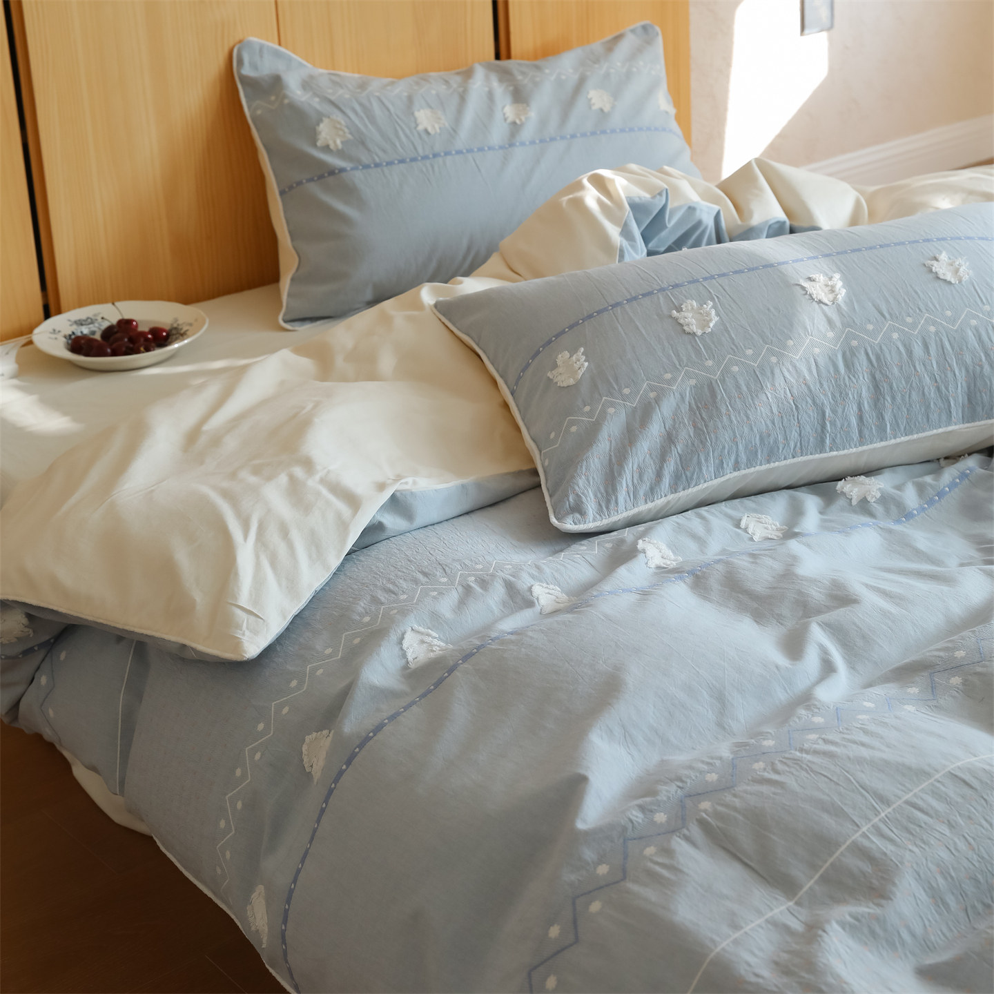 ins北欧风费尔岛蓝色剪花全棉60支水洗棉四件套  |柔软清新四季款