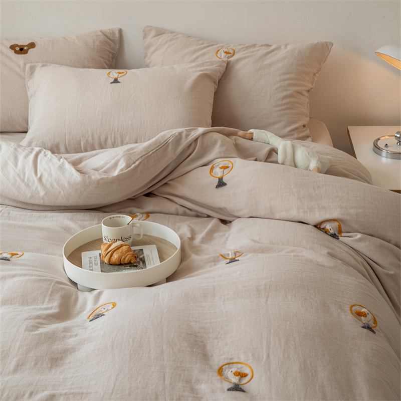 ins日式毛巾绣全棉双层纱四件套柔软清新可爱小鸭卡通风床上用品