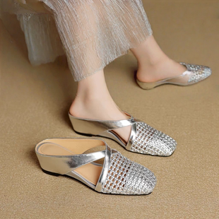 真皮编织内增高镂空拖鞋女2025年红晴珽夏款包头配裙子法式妈妈鞋