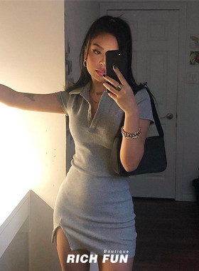 MMMI正品mymummadeit夏季棉polo翻领刺绣开衩打底修身连衣裙女