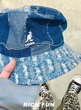 袋鼠KANGOL Denim Mashup Bucket牛仔拼接破洞男女街头渔夫帽春夏