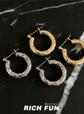 Luvaj小众设计Quilted Hoops欧美小香风格纹经典百搭镀金耳圈耳环