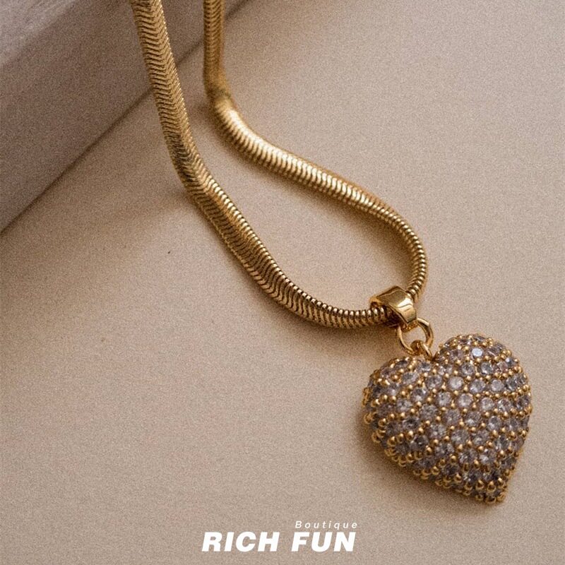 LUVAJ PAVE PUFFY HEART NECKLACE镀金满钻爱心吊坠百搭蛇骨链ins