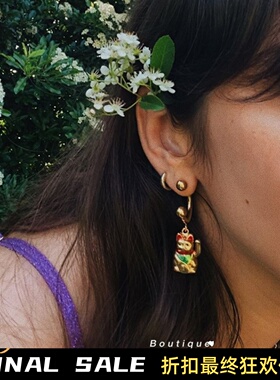 巴黎小众SAFSAFU意大利制造24K镀金复古玩趣吉祥招财猫单只耳环