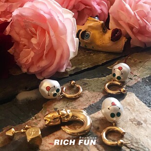 SAFSAFU意大利制造24K镀金复古玩趣吐舌头鬼脸棉花糖珍珠单只耳环
