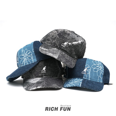 袋鼠25新款KANGOL Denim Mashup Baseball牛仔拼接破洞弯檐棒球帽