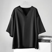 慵懒风真醋酸真丝缎面短袖 t恤男高级感珠光丝滑轻奢垂坠感上衣男