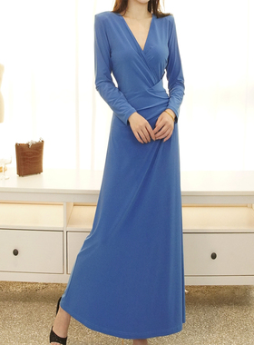 RL蜜香豆秋季气质收腰造型褶超长连衣裙2026新款褶皱长裙有大码女