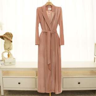 大码 领金丝绒加长风衣外套气质显瘦超长款 女 戗驳领西装 RL早春新款