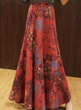 RL秋冬新款半身裙显瘦百搭加厚裙子大摆裙超长裙麂皮绒印花裙大码