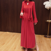 褶皱立体花朵连衣裙系带显瘦遮肉长裙大码 RL秋新款 优雅气质荷叶袖