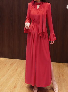 RL秋新款优雅气质荷叶袖褶皱立体花朵连衣裙系带显瘦遮肉长裙大码