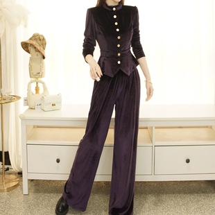 法式 两件套大码 金丝绒显瘦上衣松紧腰阔腿裤 套装 职业装 RL早春新款