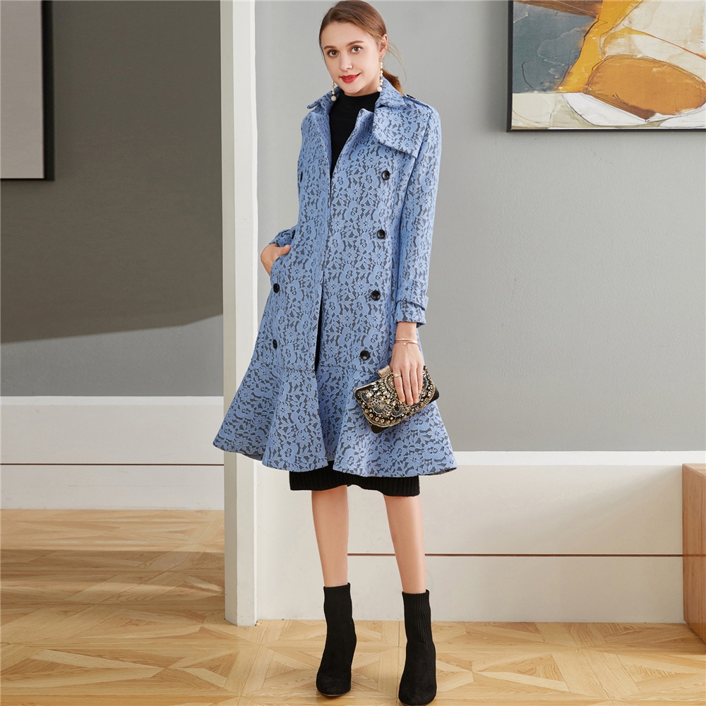 rl早秋新款双排扣修身显瘦荷叶边蕾丝风衣裙式风衣外套大码c40r