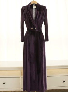 RL早春新款戗驳领西装领金丝绒加长风衣外套气质显瘦超长款大码女