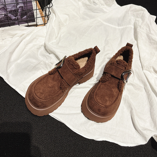 轻便厚底羊羔毛乐福鞋 女鞋 冬款 一脚蹬懒人鞋 加绒勃肯鞋 5.5CM增高