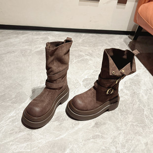 韩国单 擦色短靴ins风骑士靴 两穿厚底增高短筒马丁靴女2025秋新款