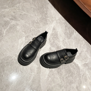 jk女鞋 布洛克雕花 小皮鞋 女2024冬新款 韩国单真皮加绒厚底乐福鞋