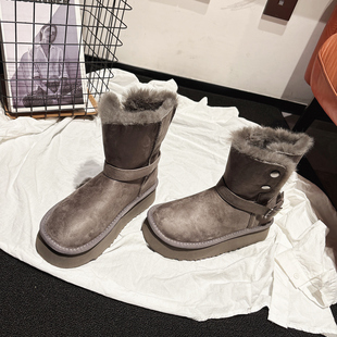巨轻便 短靴女 厚底4CM绒面翻边雪地靴女加厚保暖防滑短筒棉靴时尚