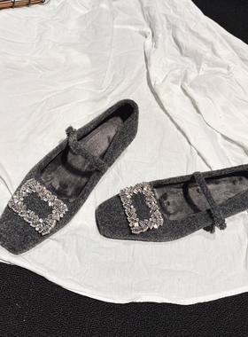 4CM方跟~水钻装饰一字带毛呢玛丽珍鞋加绒晚晚风毛毛鞋方头仙女鞋