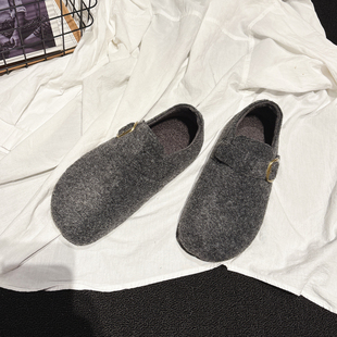 深口圆头一脚蹬懒人鞋 4CM内增高 毛毛鞋 冬款 女 轻奢毛呢加绒勃肯鞋