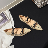 小香风 平跟单鞋 波点双蝴蝶结平底温柔仙女鞋 配裙子浅口尖头女鞋