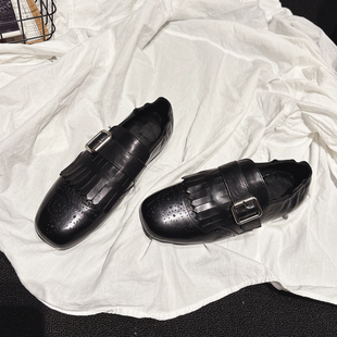 英伦风小皮鞋 加绒平底超软乐福鞋 老钱风布洛克雕花孟克鞋 小牛皮