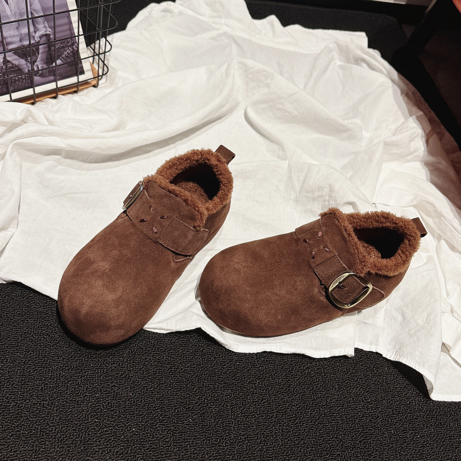 内增高4cm~复古真皮羊羔毛勃肯鞋