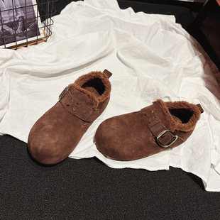 女棉鞋 内增高4cm 一脚蹬懒人鞋 女2025冬新款 复古真皮羊羔毛勃肯鞋