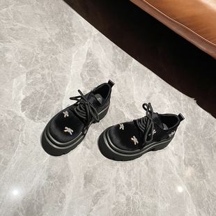 深口圆头女鞋 网红ins 系带单鞋 女2024秋新款 水钻金丝绒厚底牛津鞋