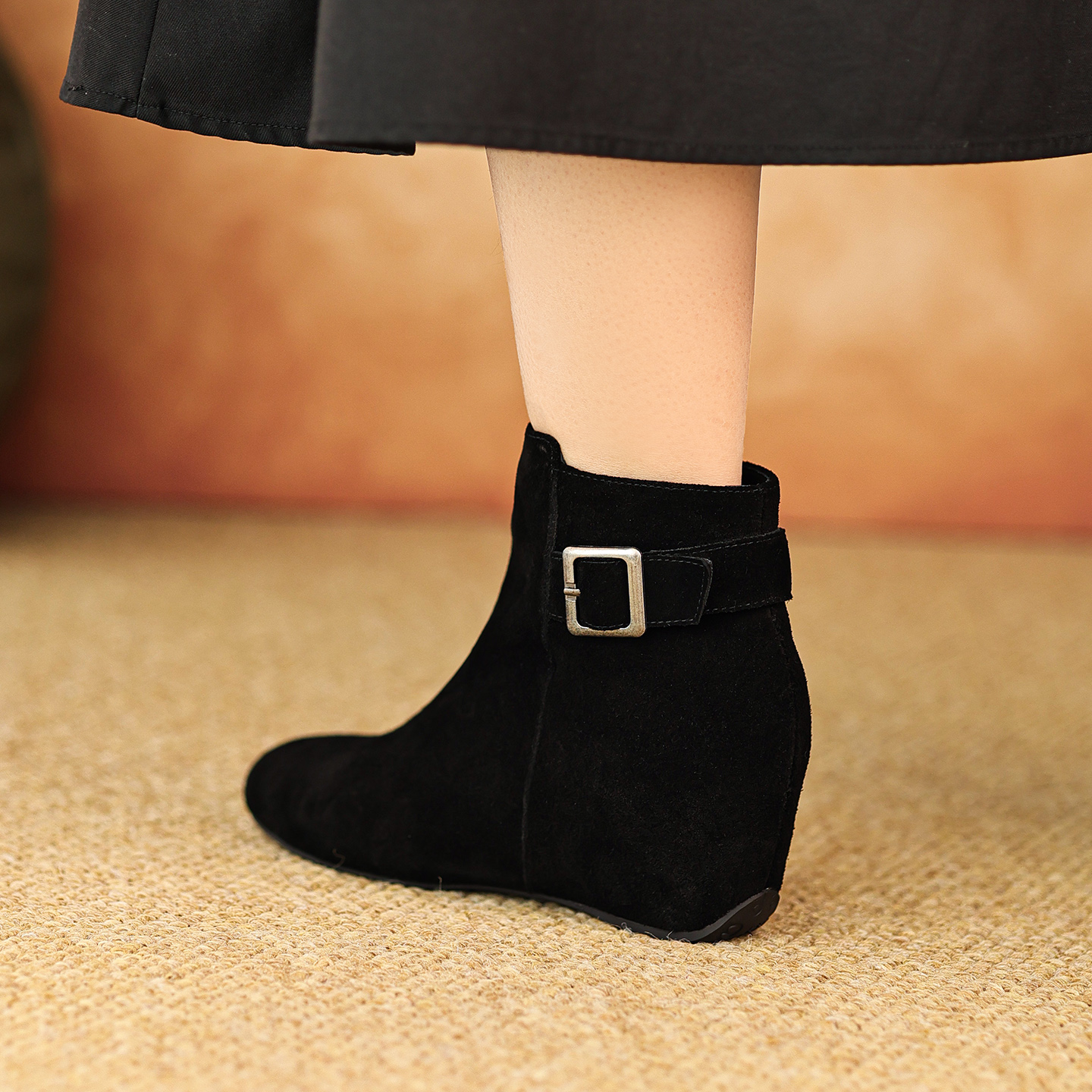 6cm内增高黑色高跟鞋百搭短靴