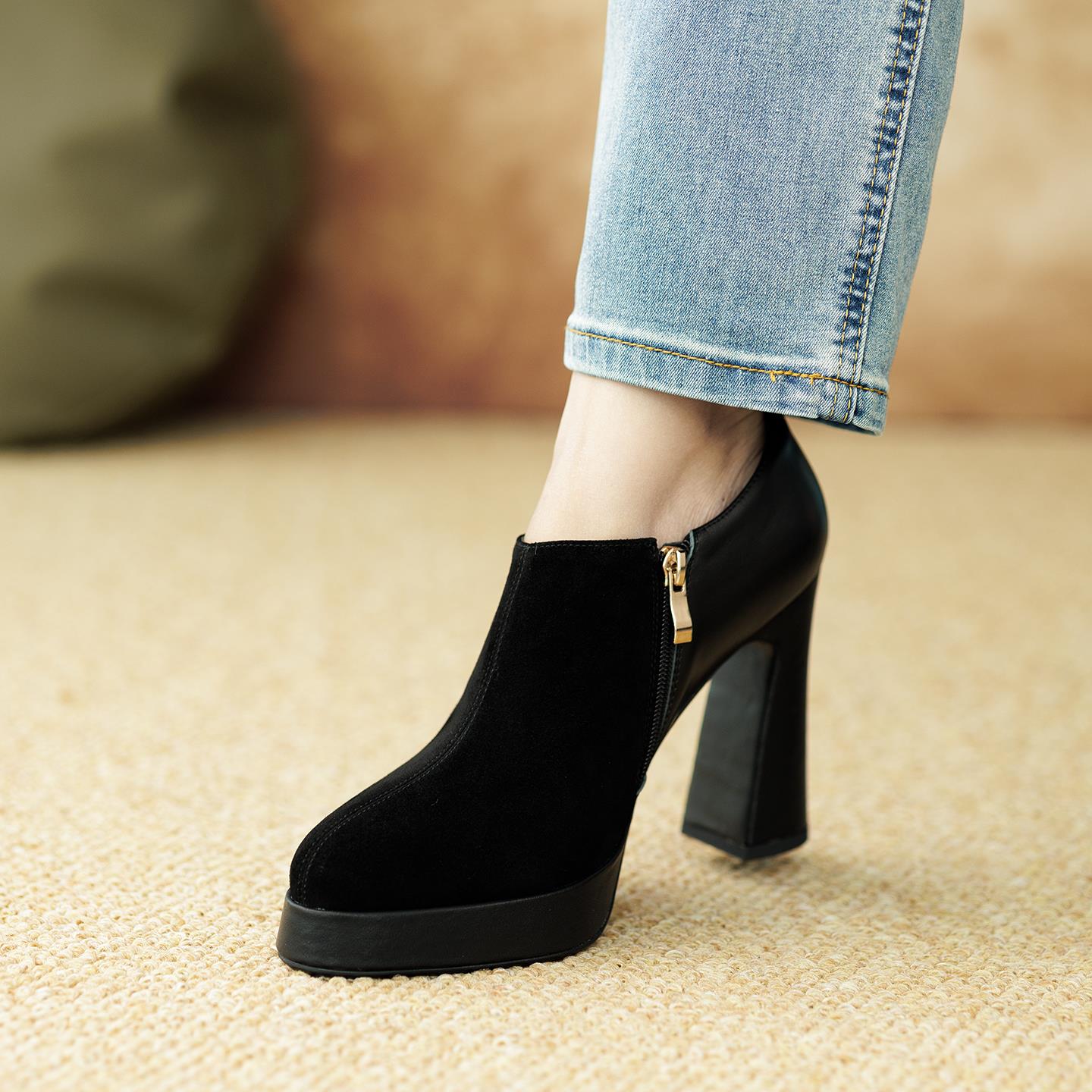 尖头磨砂羊皮深口黑色单鞋女高跟