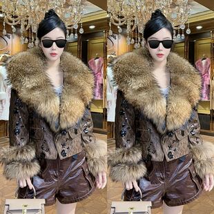 皮衣女重工刺绣毛毛袖 仿貉子毛领短款 外套 高级轻奢潮流百搭款 时尚