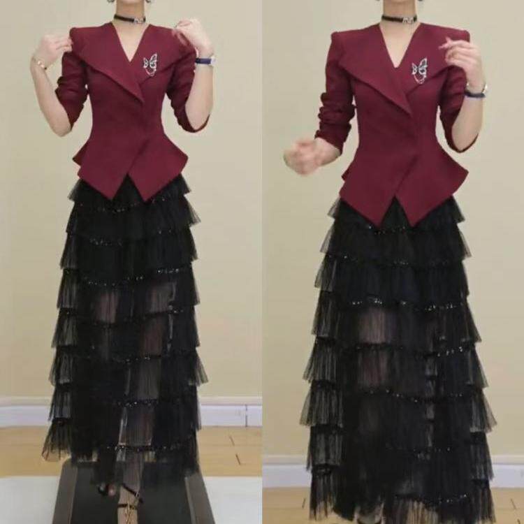 网红爆款气质名媛女装时尚西服领上衣纱网蛋糕裙两件套设计感职业