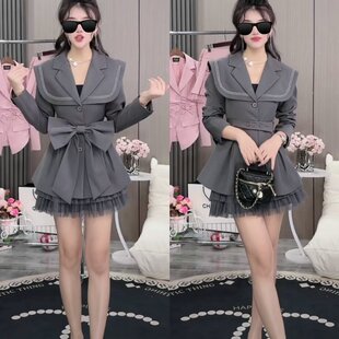 百搭潮 纯欲网纱百褶裙两件套时尚 气质中长款 收腰显瘦减龄可爱西装