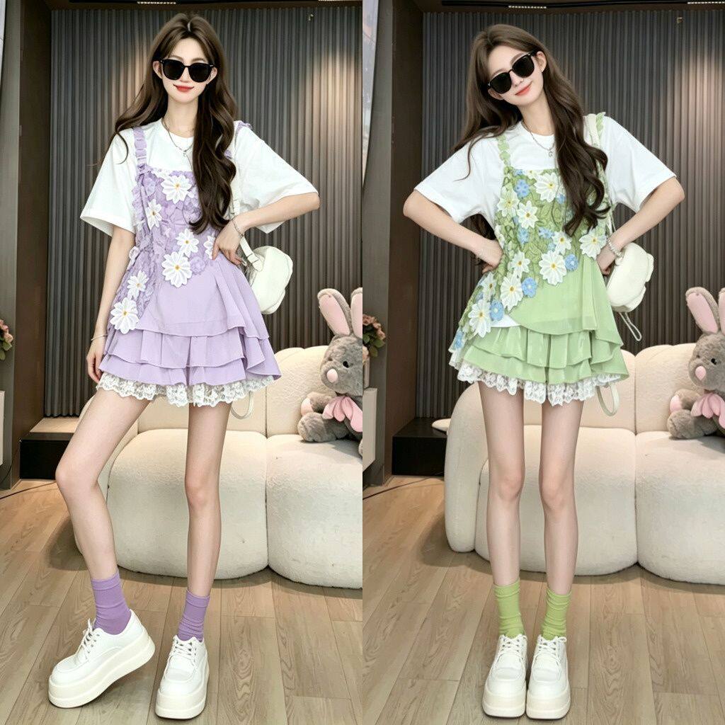 夏日清新甜美少女风花朵蕾丝花边T恤百褶短裙减龄感时尚显瘦套装