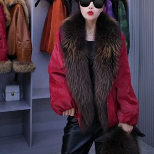 新品 皮衣女冬季 轻奢高级洋气纯色加厚保暖夹克外套 大毛领短款 时尚