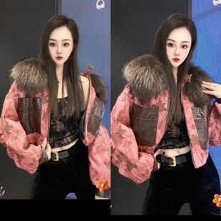 潮流新款洋气粉色休闲风仿貉子毛领短款皮衣刺绣拼接加厚保暖外套