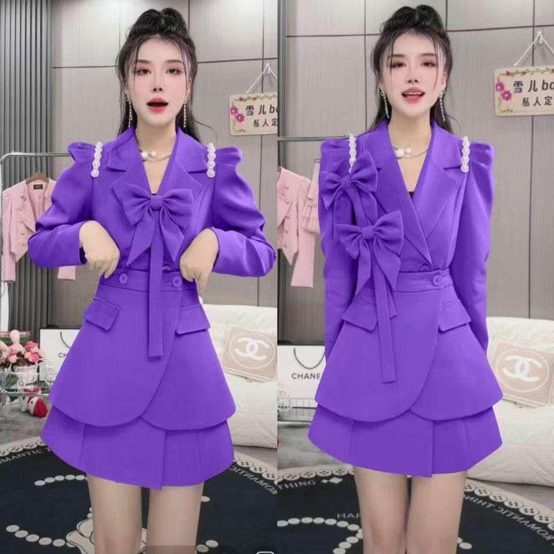 纯色洋气高级紫色套裙轻奢减龄可爱公主蝴蝶结连衣裙西服领外搭裙