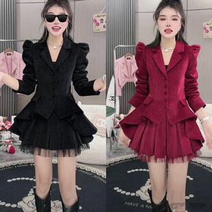 气质名媛纯色两件套v领上衣短裙时尚套装减龄正版西服加棉保暖潮.