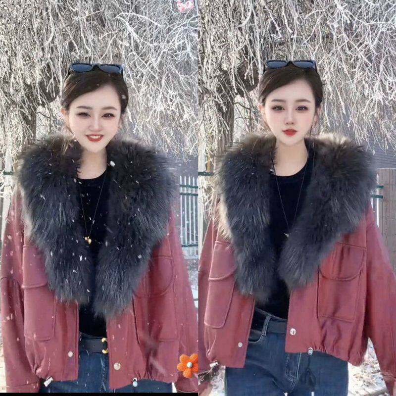 网红同款时尚爆款气质洋气显瘦仿狐狸毛领皮衣外套女加厚保暖夹克